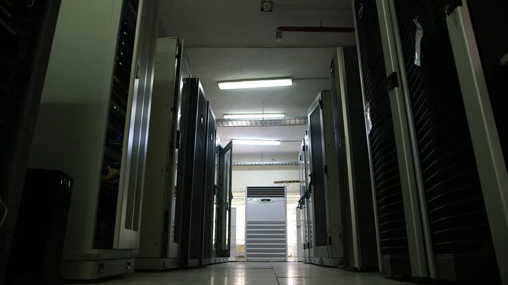 Interiør af et datacenter i Lagos, Nigeria, der viser rækker af serverracks og køleudstyr i en smal korridor, hvilket fremhæver digital infrastruktur og konnektivitet.