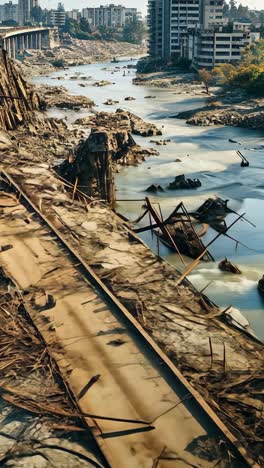 devastated bridge spans across a dried riverbed in an urban landscape