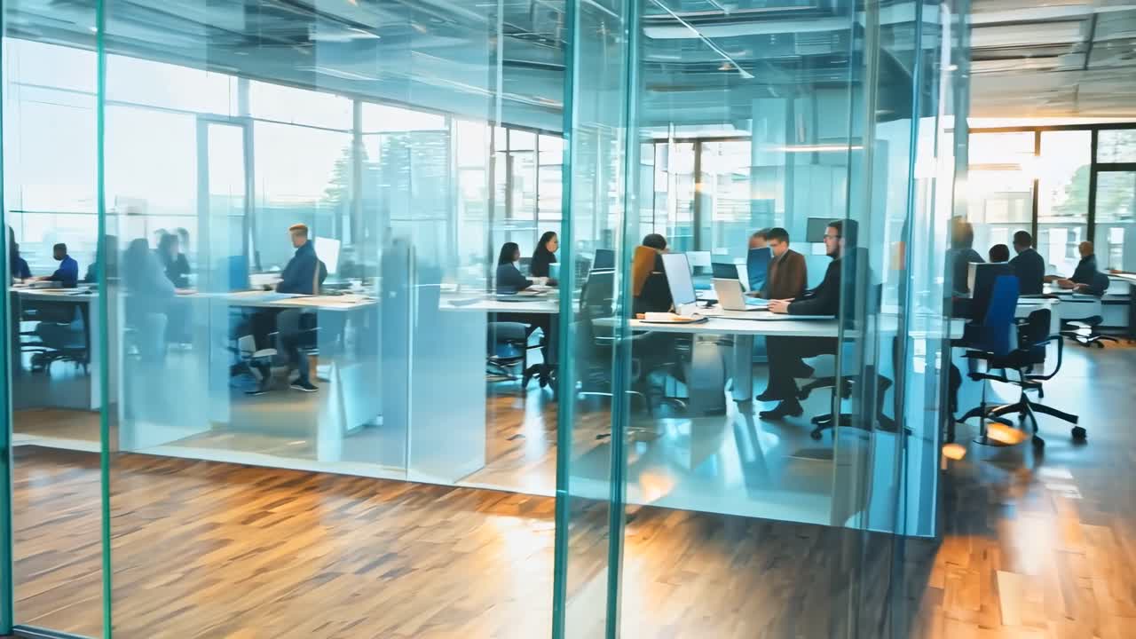 Dynamic office scene captured at eye level, showcasing motion blur of people walking
