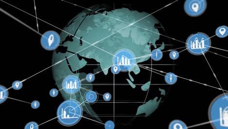 Animation-Des-Netzwerks-Von-Verbindungen-Mit-Symbolen-Und-Globus-Auf-Schwarzem-Hintergrund