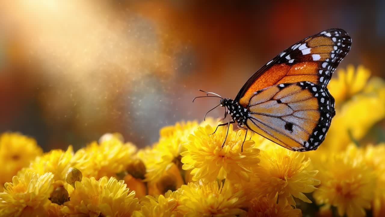A Beautiful Monarch Butterfly Glistening in the Sunlight While Resting on Vibrant Yellow Flowers Capturing the Essence of Nature's Breathtaking Beauty