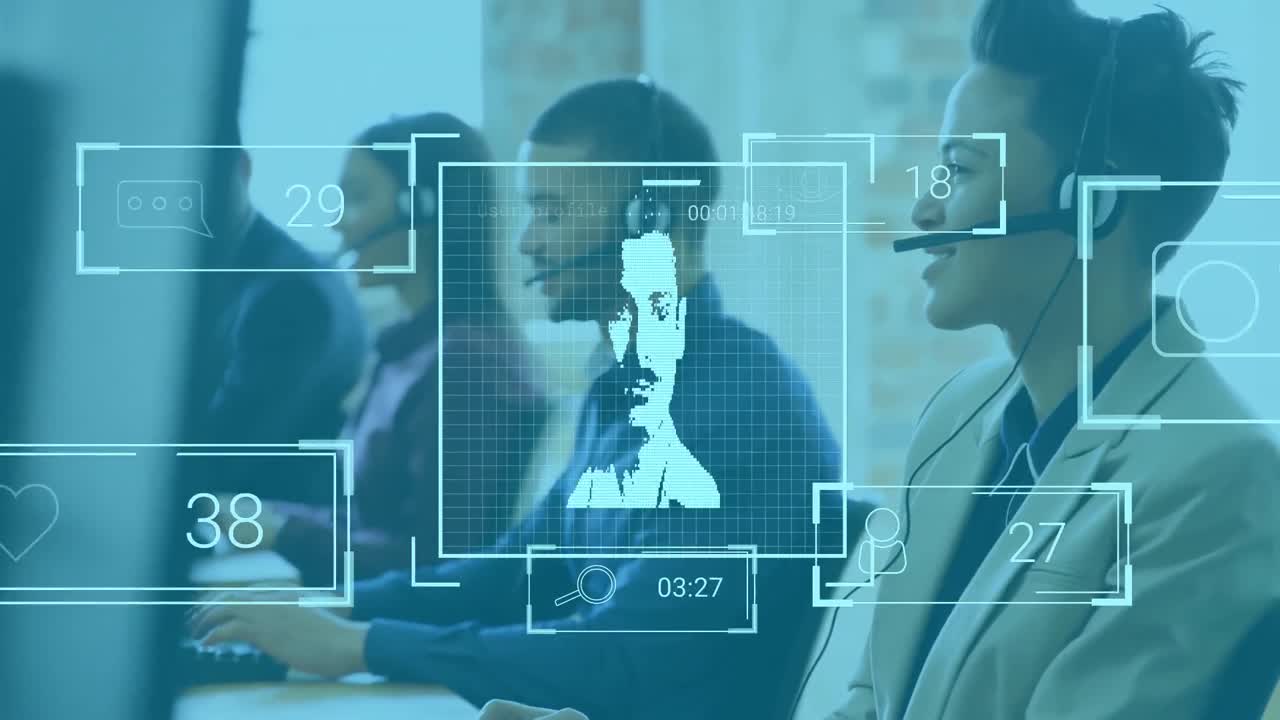 Animation of online data over diverse business people wearing phone headsets