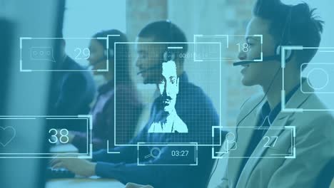 animation of online data over diverse business people wearing phone headsets