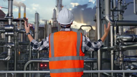 back view of a male engineer with safety helmet spreading arms while standing in a refinery, oil processing equipment and machinery