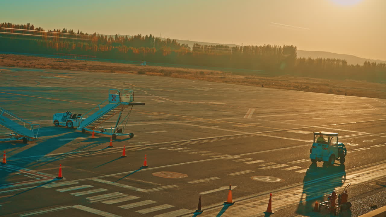 Veicolo di supporto a terra in movimento su pista d'aeroporto vuota all'ora d'oro