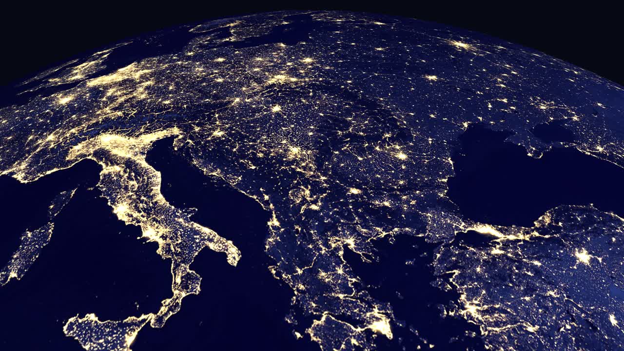 Animazione digitale zooma dallo spazio esterno in una vista notturna di Sarajevo con le luci della città