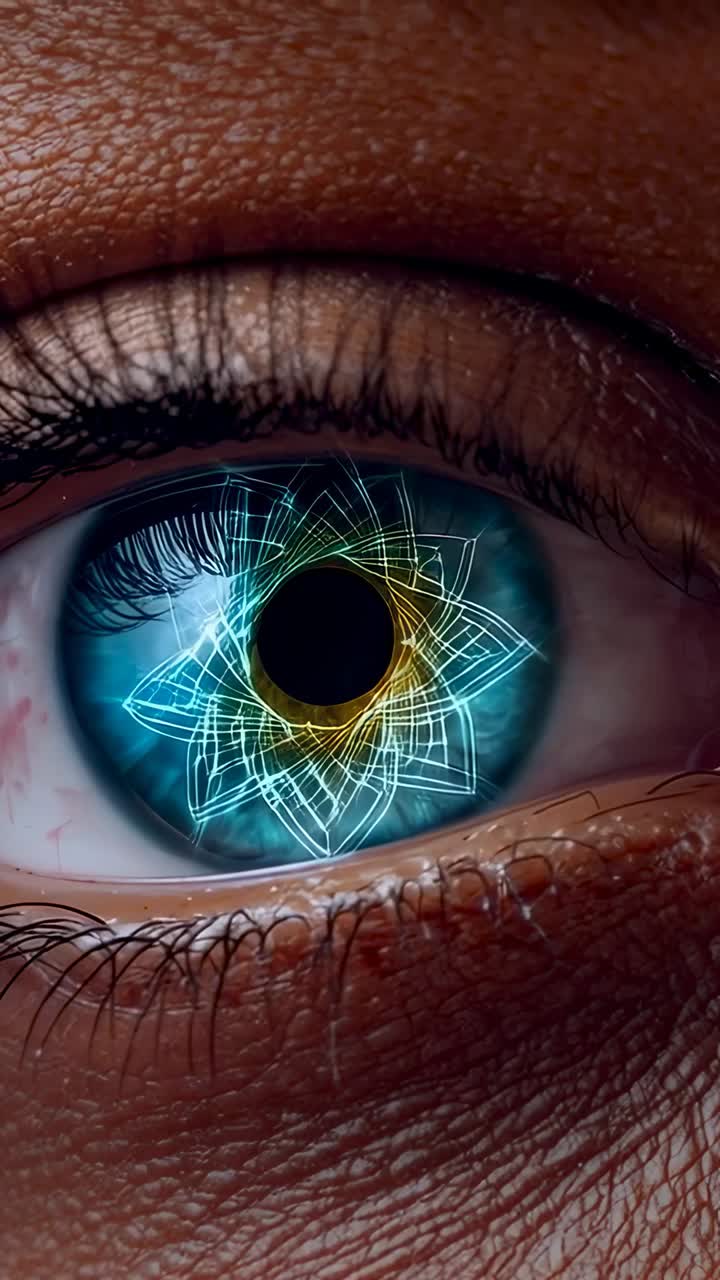 Vertical video: Reacting to mandala overlay appearing, person holding eye open in studio close-up