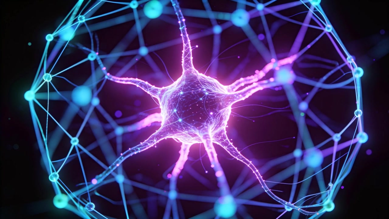 Sparking core glow, neuron sending magenta pulses through round net, sparks spreading signal