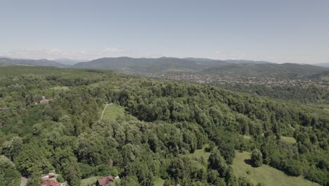 Vista-Aérea-Ascendente-Sobre-Un-Denso-Paisaje-Forestal-Con-Casas-A-Lo-Lejos