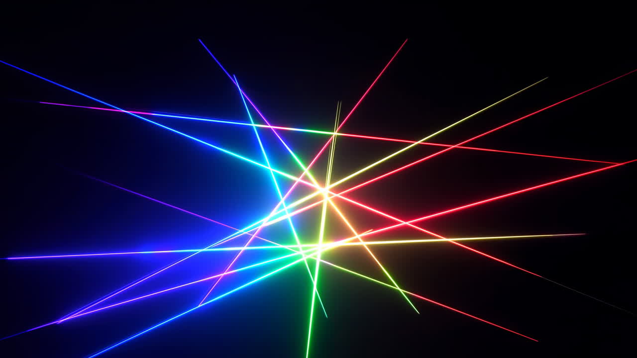 Vibrant Neon Laser Beams Crossing Dark Space Forming Colorful Starburst At Center, Sharp Streaks Of Red, Blue,