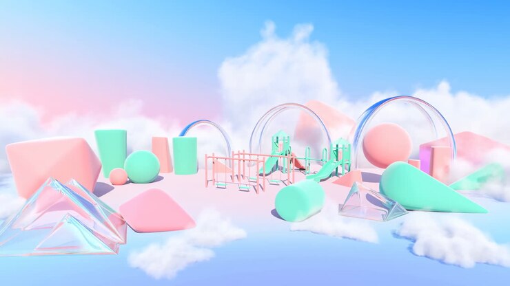 Pastel Geometric Playground Above Clouds, Soft Mint And Pink D Shapes, Translucent Bubbles And Glossy