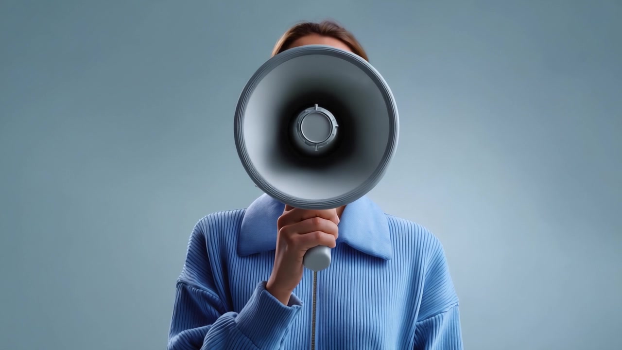A person holding a megaphone in front of their face, emphasizing communication and expression, against a minimalist blue-gray background for visual focus.