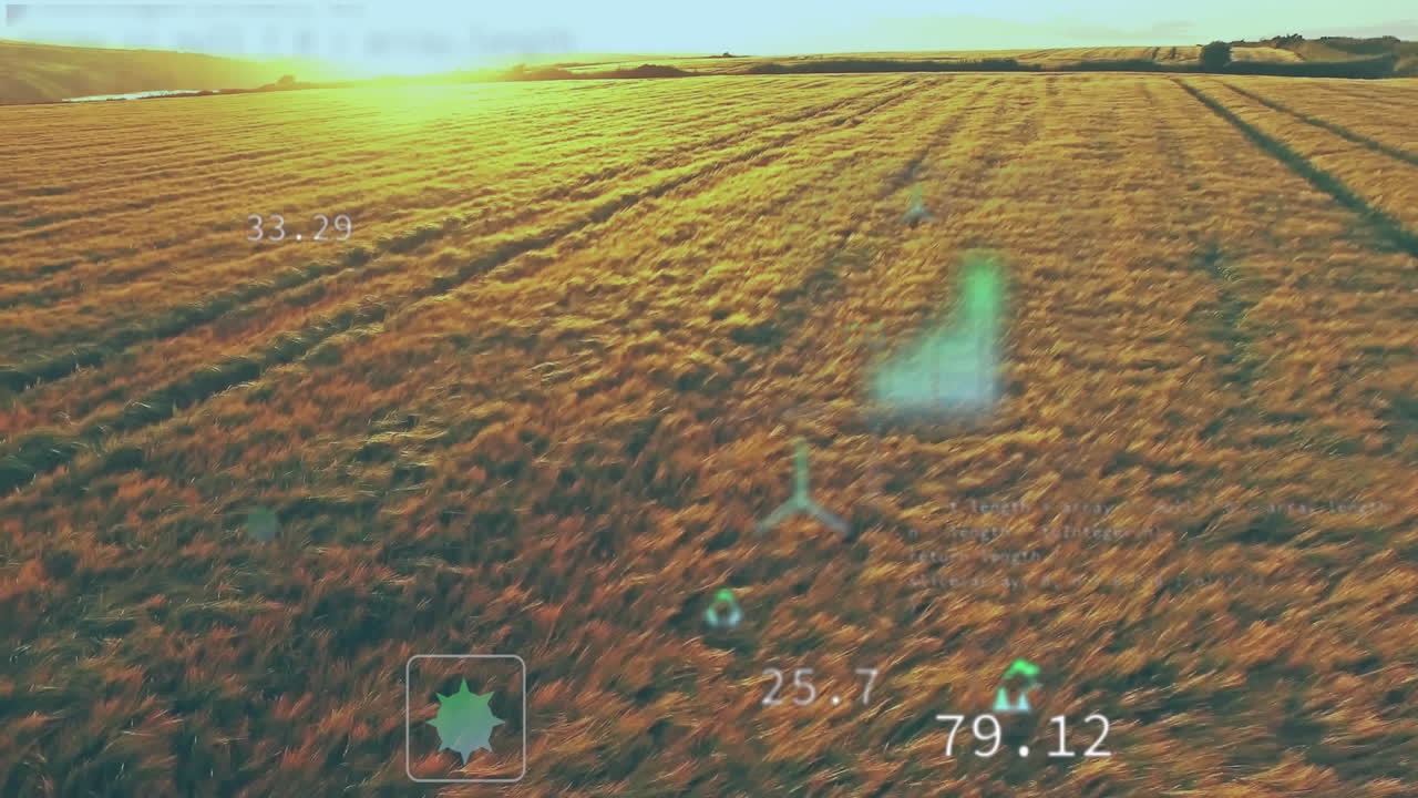 Foreground wheat field showing green starburst icons, water droplet, wind turbine, CO tile, code