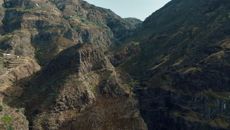 Aerial-view-over-mountain-structures-in-Los-Berrazales,-in-the-Agaete-valley,-Gran-Canaria-island