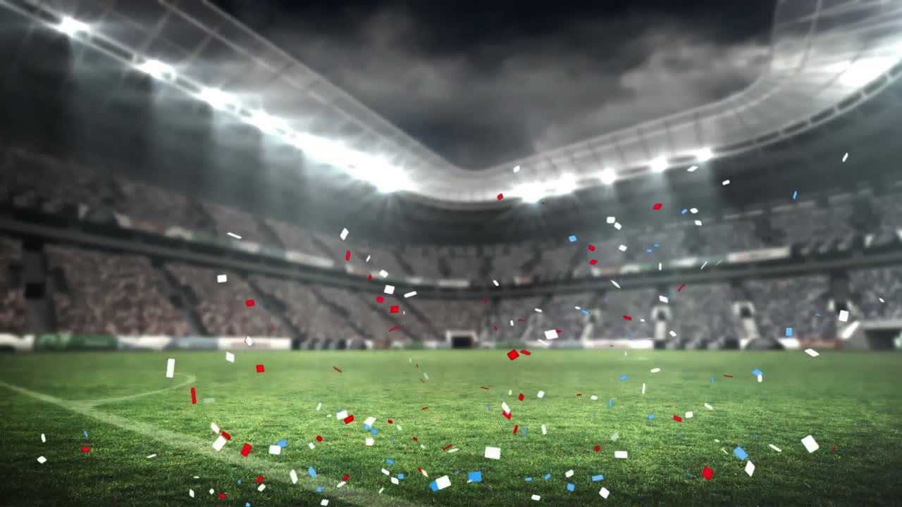 animación de confeti azul y rojo cayendo sobre el estadio deportivo