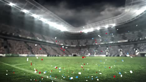 animation of blue and red confetti falling over sports stadium