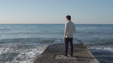 man standing on a pier looking at the ocean