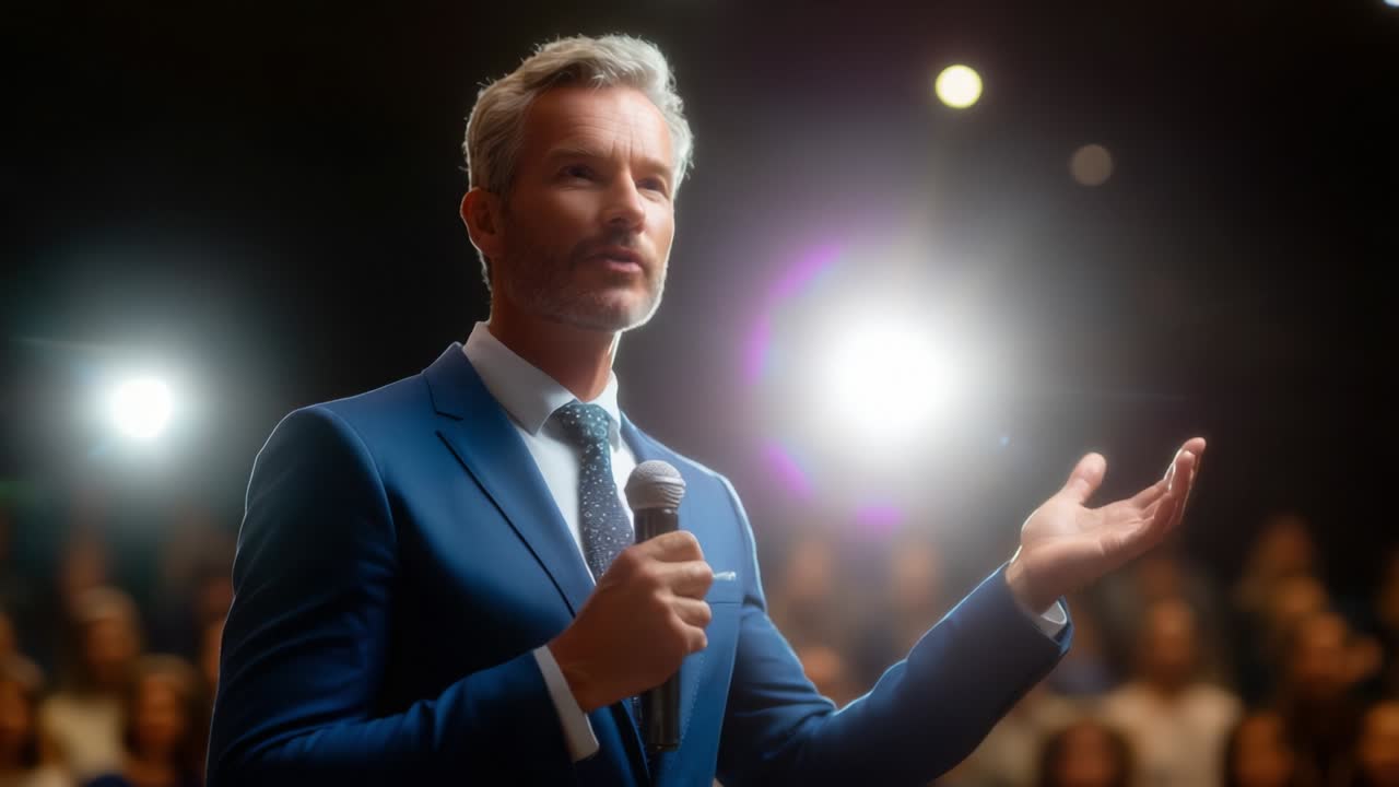 Engaging speaker delivers an inspiring presentation to an attentive audience, showcasing confidence and charisma while addressing key topics with clarity and enthusiasm during a well-lit event setting