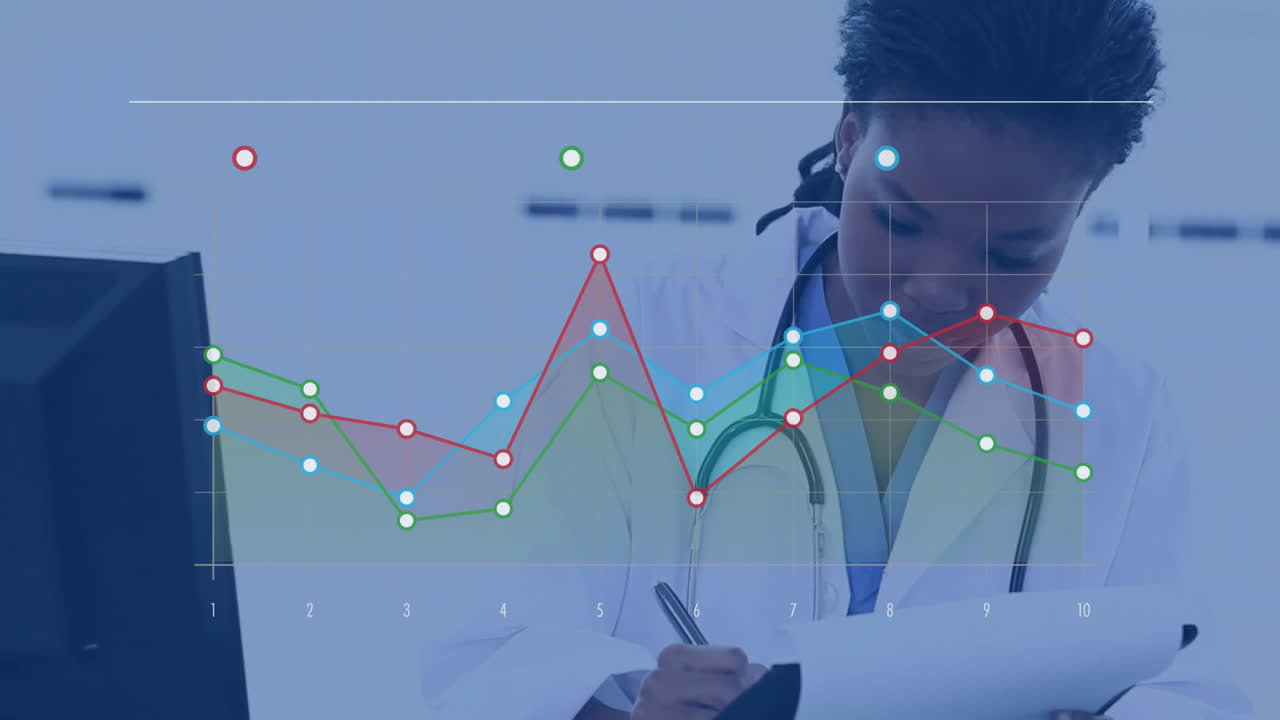 Medical doctor writing notes on clipboard, displaying animated multi-line chart with data markers