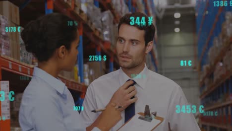 animation of financial data processing over diverse man and woman working in warehouse