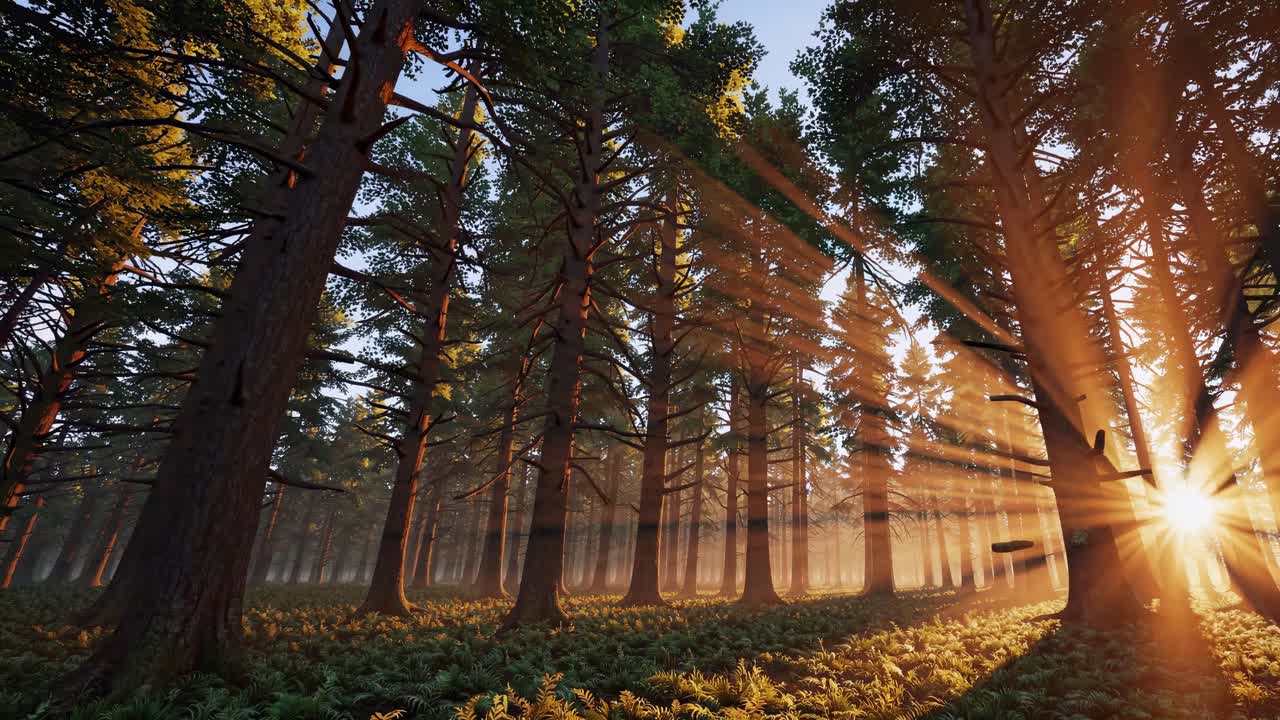 Una scena video cinematografica di una foresta illuminata dal sole con raggi di sole che filtrano tra gli alberi ad alto fusto