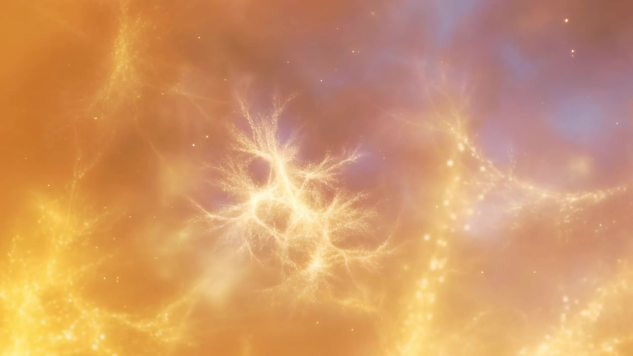 Intense yellow radiance softens as branching luminous structures become clearer, surrounded by drifting amber haze, subtle violet tones, and numerous tiny points of light.