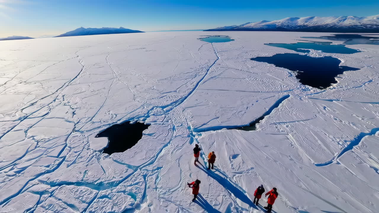 People Exploring an Arctic Ice Floe