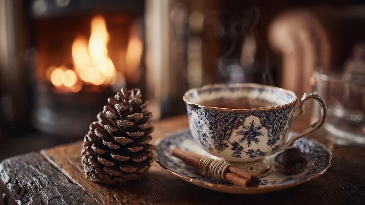 A Cozy Scene Featuring a Delicate Tea Cup, Aromatic Cinnamon, and Rustic Pinecone Near a Warm Fireplace - Perfect for Winter Relaxation and Comfort