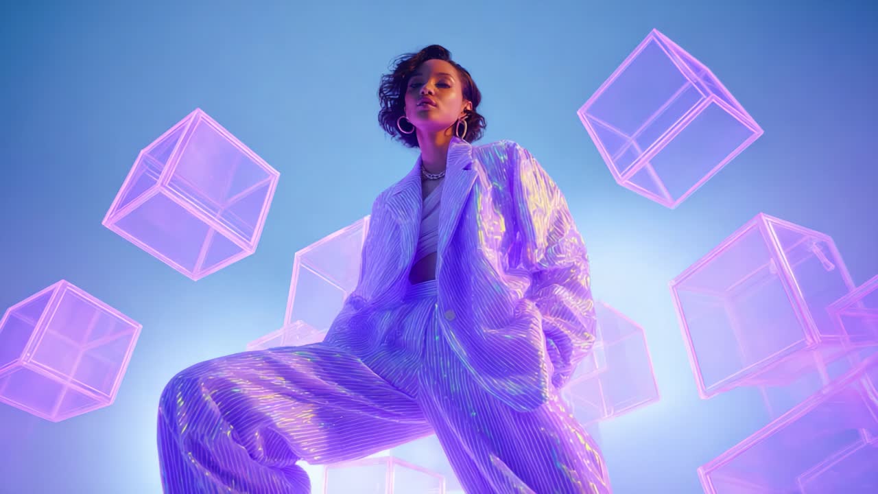 A striking visual narrative showcases a confident individual exuding empowerment while enveloped in a vibrant atmosphere illuminated by ethereal glowing geometric shapes, blending fashion with artistic flair
