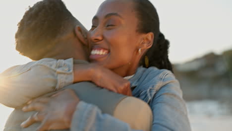 Hug,-beach-and-black-couple-with-love