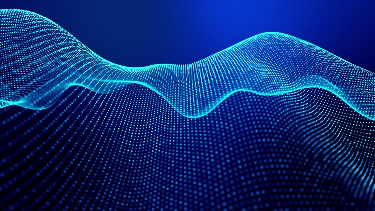 4k looped abstract background of glow particles form lines, surfaces as futuristic landscape in cyberspace or hologram. Sci-fi theme of microworld, nanotechnology or cosmic space. Blue 17