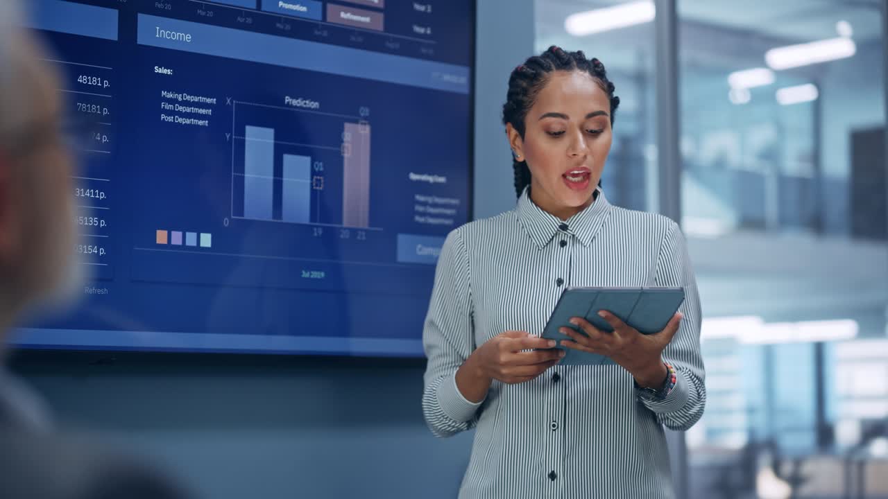 Diverse Modern Office: Successful Black Digital Entrepreneur Uses Tablet Computer and TV Screen with Big Data, Statistics, Talks about Company Growth. Investor, Top Managers, Executives Discuss Graphs