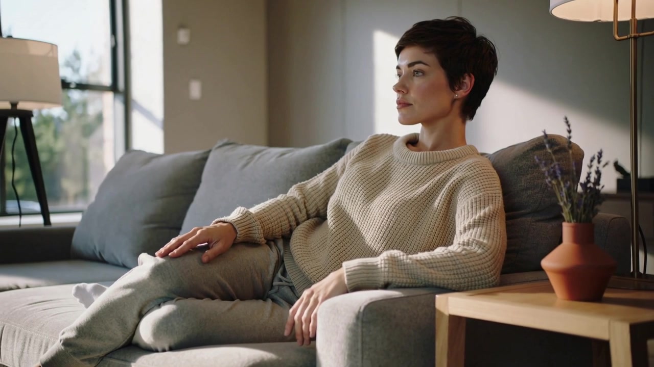 Telecamera panoramica che mostra una donna in maglione sul divano a destra che si sposta e osserva il panorama dalla finestra, con spazio per il testo