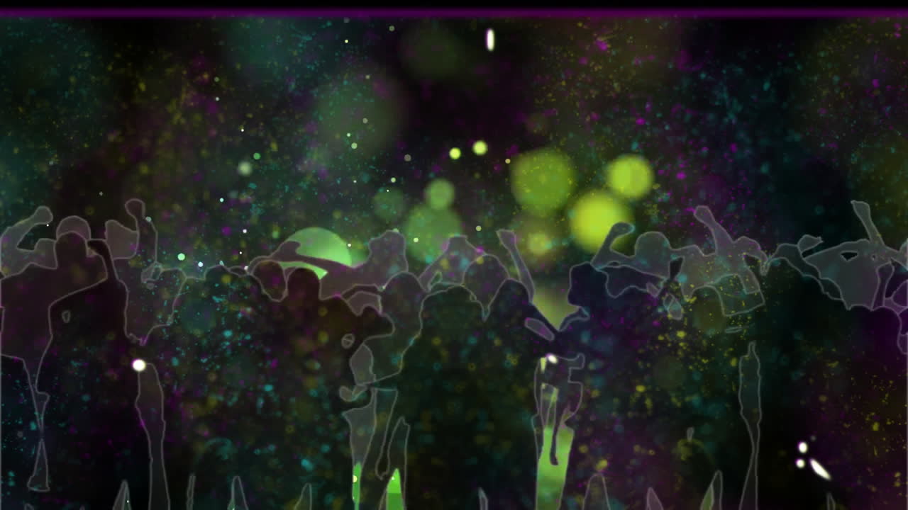 silhouettes moving across vivid abstract backdrop, with colorful bokeh lights and confetti