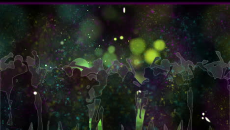 silhouettes moving across vivid abstract backdrop, with colorful bokeh lights and confetti