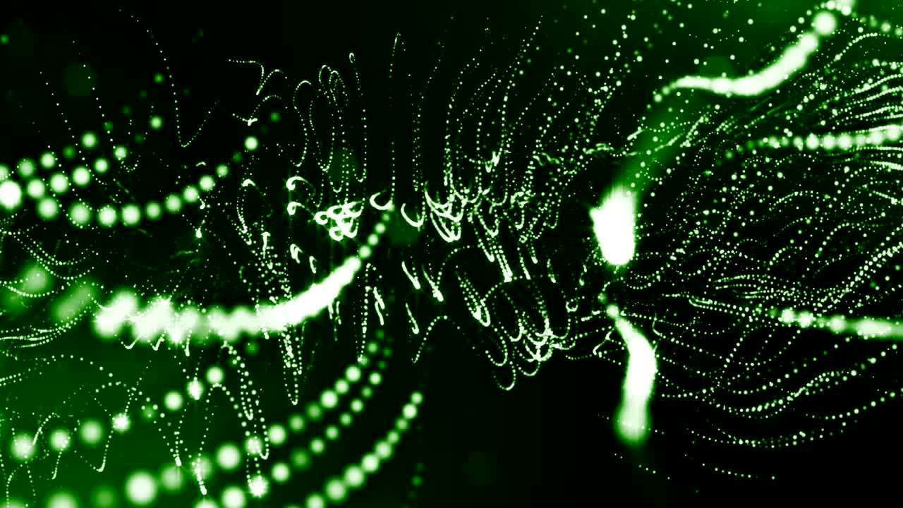 3d render loop animation of glow particles form oscillating lines as swinging garland as holyday background or abstract background of particles with depth of field and bokeh like vj loop. Green 4