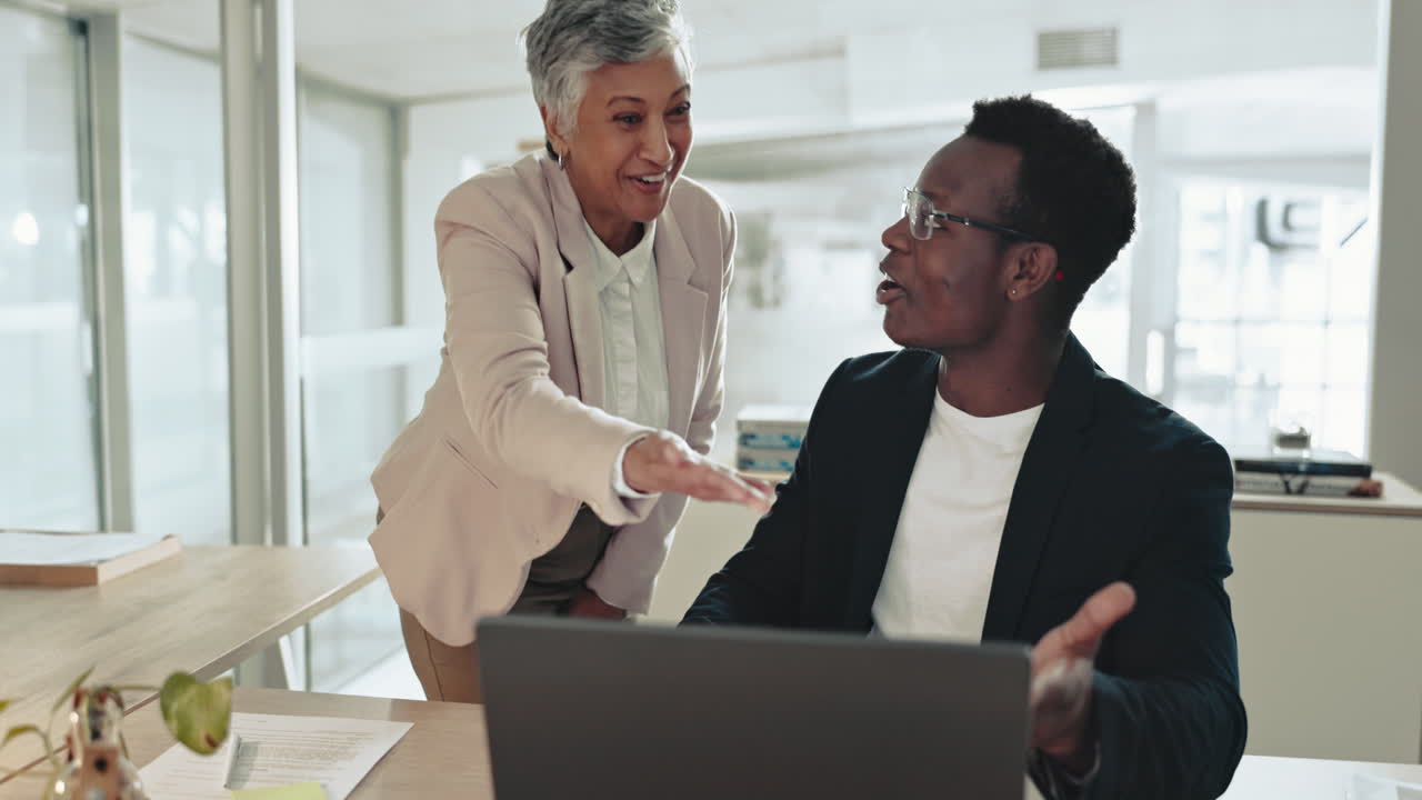 Business woman, man and laptop with partnership