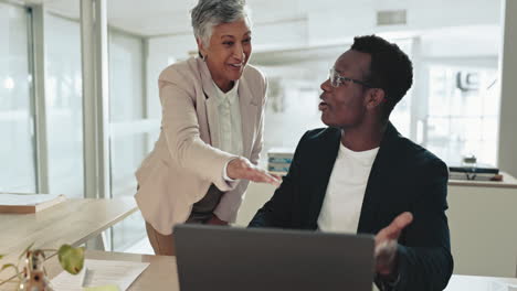 business woman, man and laptop with partnership