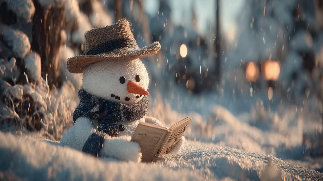 A Cozy Snowman Enjoys Reading in a Peaceful Winter Wonderland, Surrounded by Snowy Trees and a Soft Glow in the Background at Twilight