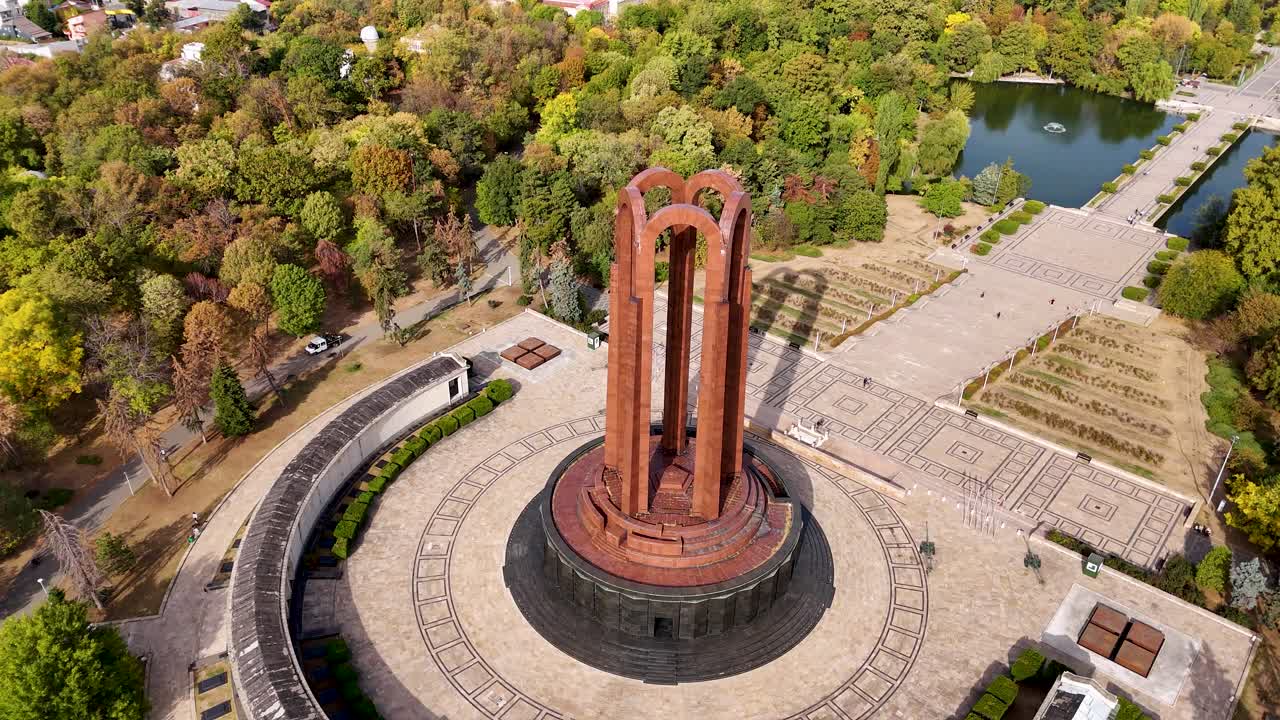Soaring Above Carol Park: A Rotating Aerial View of Bucharest's Iconic Landmark