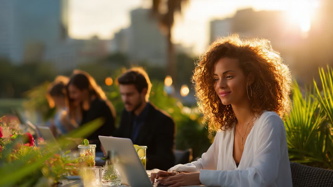 Woman working on laptop at outdoor cafe