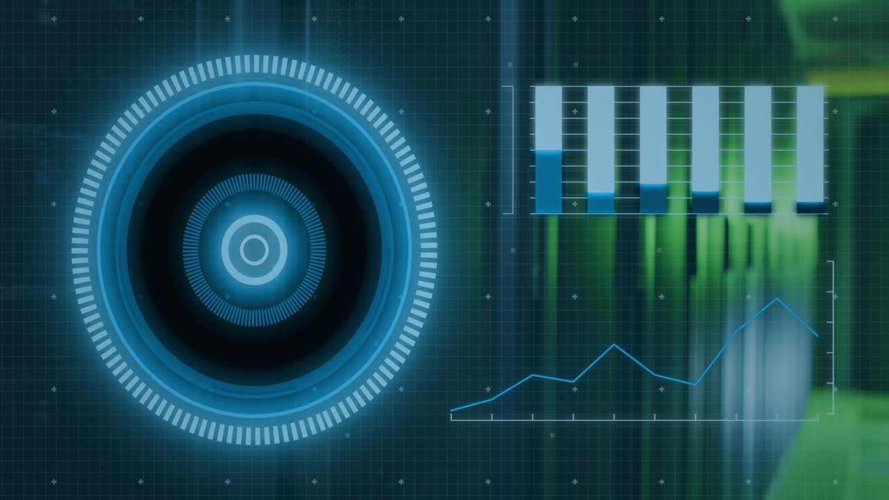 Circular HUD appearing left and growing, rotating, filling bars, drawing line, monitoring servers