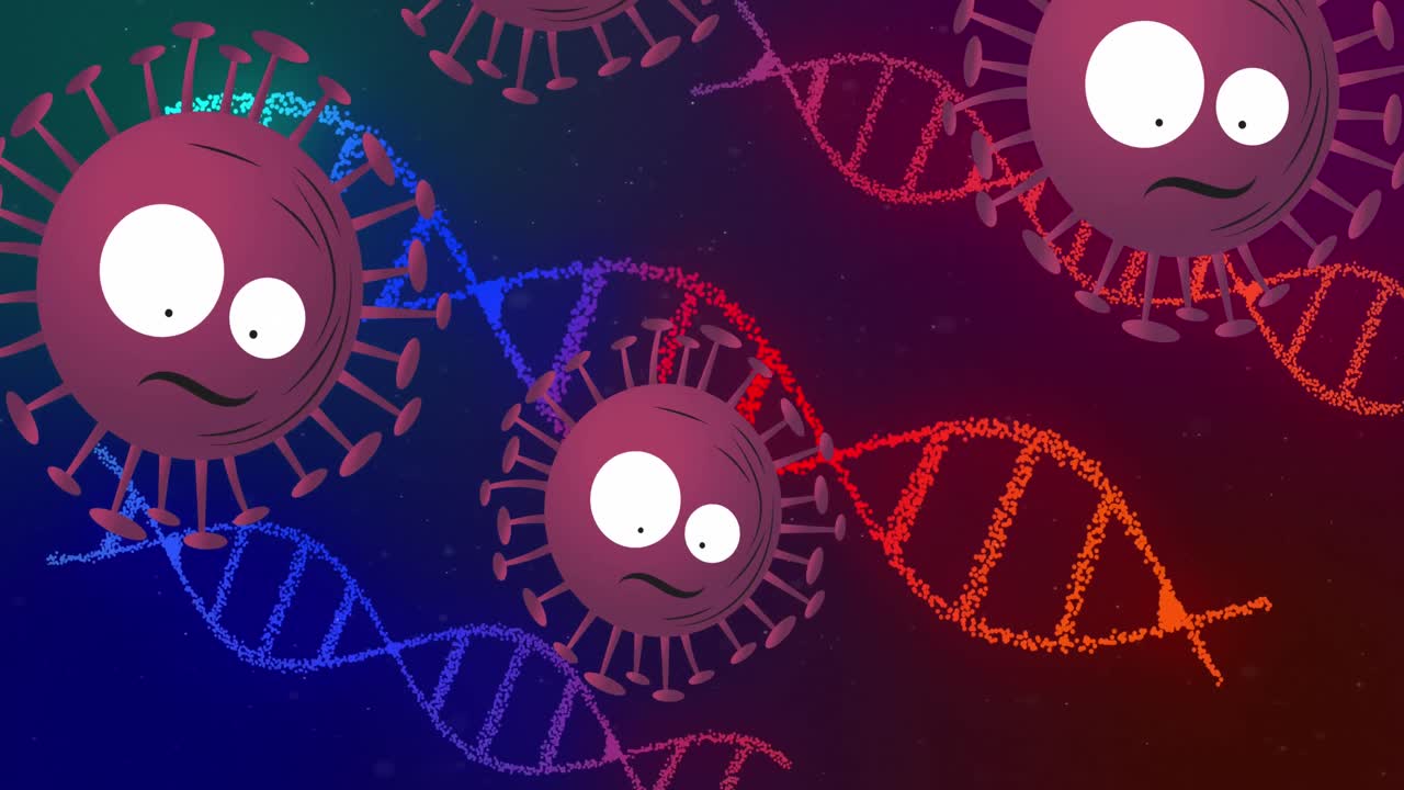 animación de células de covid 19 con rostros en movimiento y cadenas de adn girando