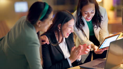 tech, high five and applause with business women