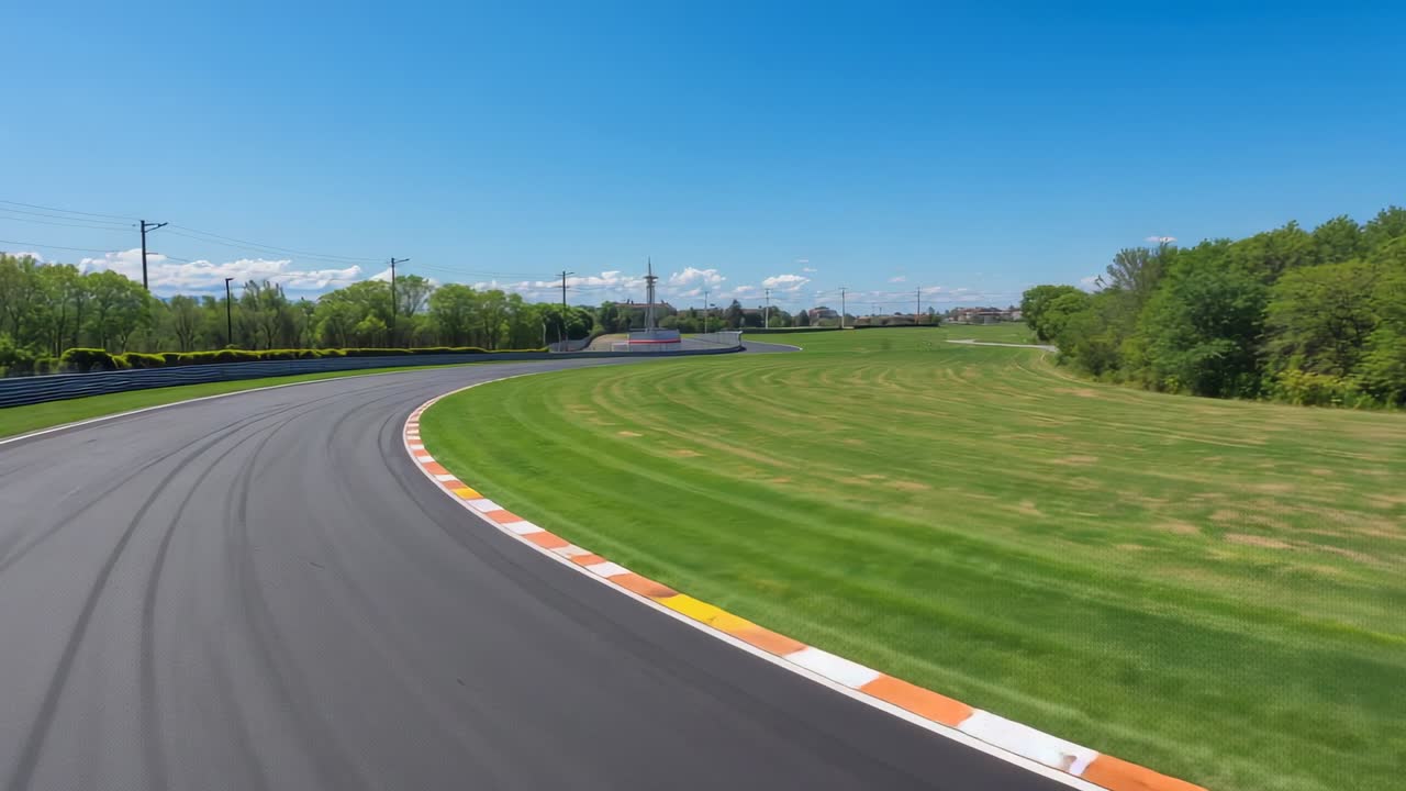 Rotating aerial camera tracking fast racecar hugging apex on racing track, with kerbstones