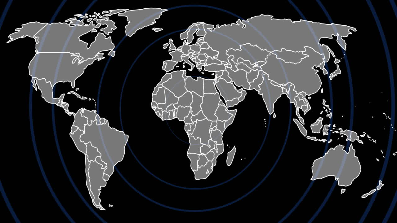 Animation of world map with concentric circles highlighting global regions