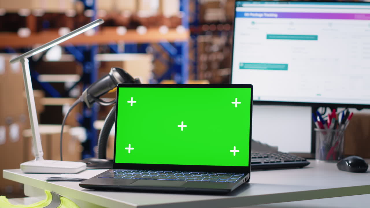 Empty storage room depot shows screen with copy space mockup