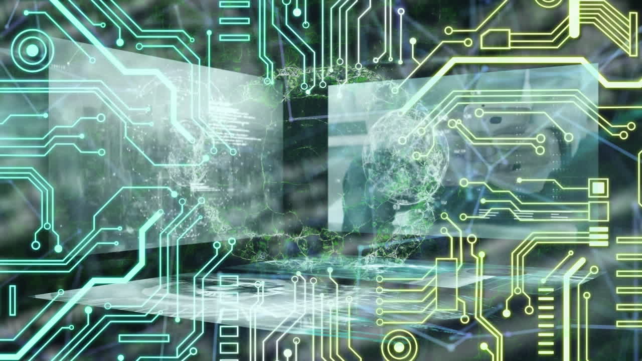 검은색 바탕에 디지털 스크린에서 통합 회로와 데이터의 애니메이션