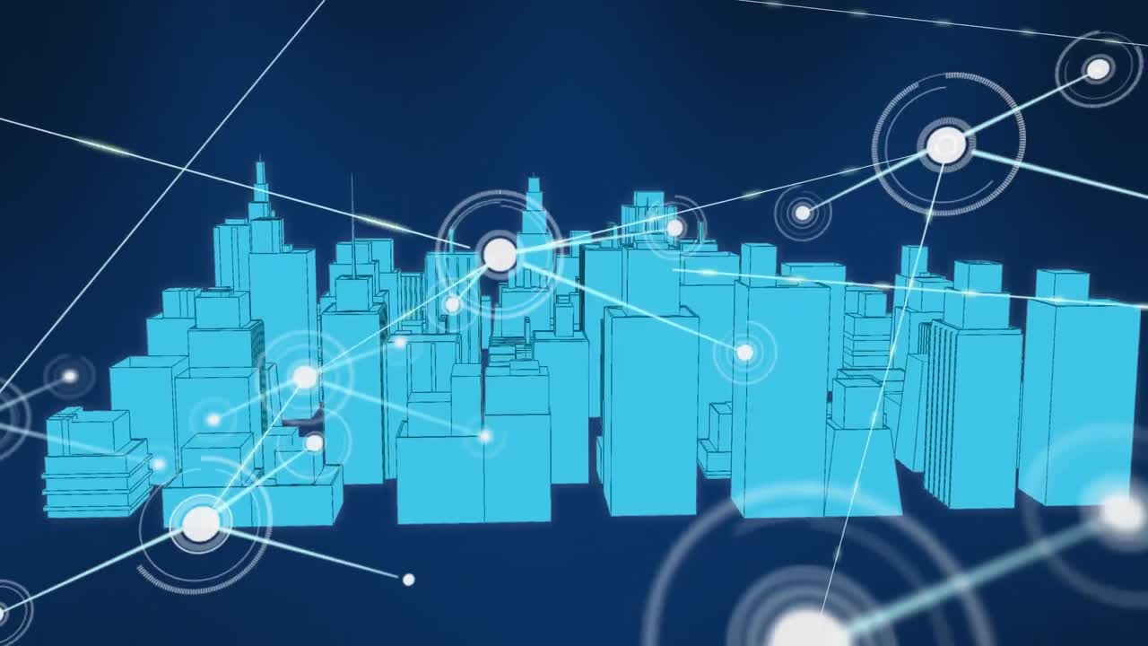 animación de la red de conexiones sobre el paisaje urbano del metaverso sobre un fondo azul oscuro