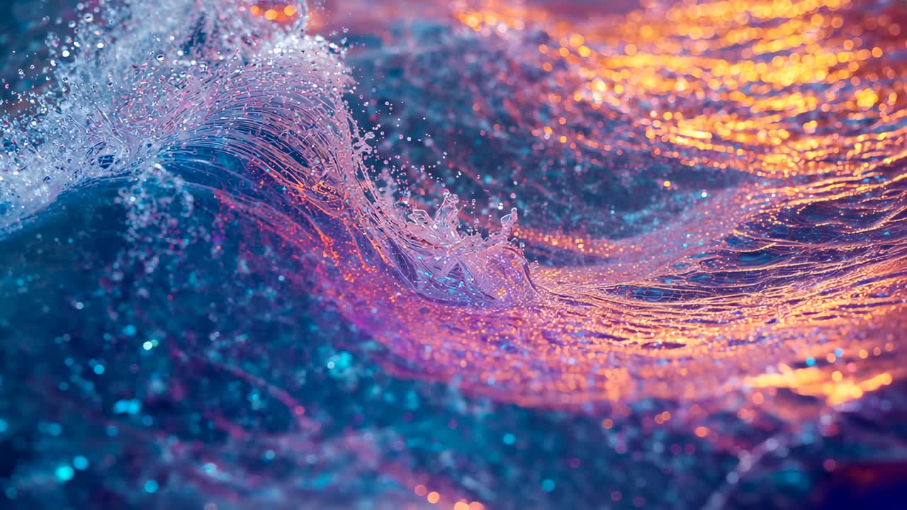 Opening shot revealing shimmering crest forming under dual lights, spraying drops and bokeh spheres